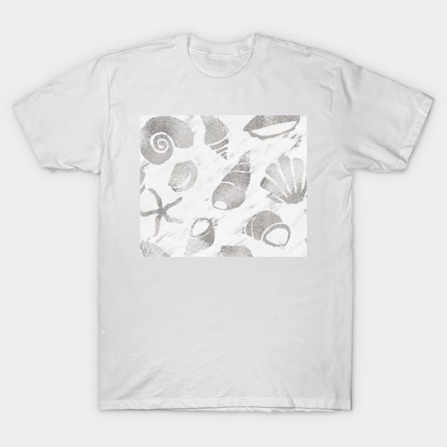 Silver South Pacific sea shells - white marble T-Shirt by hamptonstyle